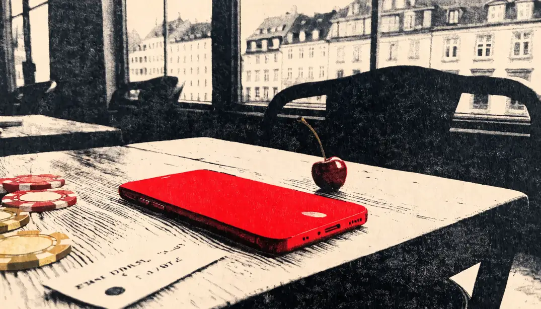 Smartphone mit Casino-Chips und Bonusbrief auf einem Tisch