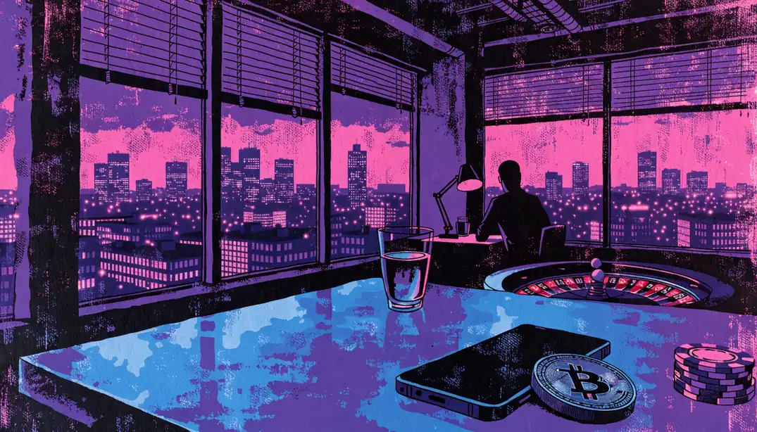 Moderner Berliner Dachgeschoss-Lounge bei Dämmerung mit Smartphone, Bitcoin-Münze und Casino-Chips auf einem Tisch.