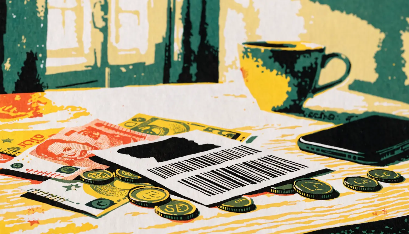 Ein Zahlungsgutschein mit Barcode neben Euro-Banknoten und Münzen auf einem Holztisch.