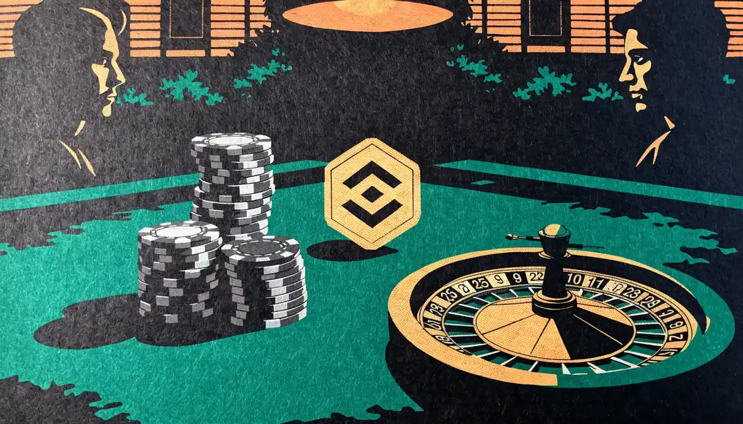 Casino-Tisch mit Roulette, Spielchips und Binance-Coin-Markierung.