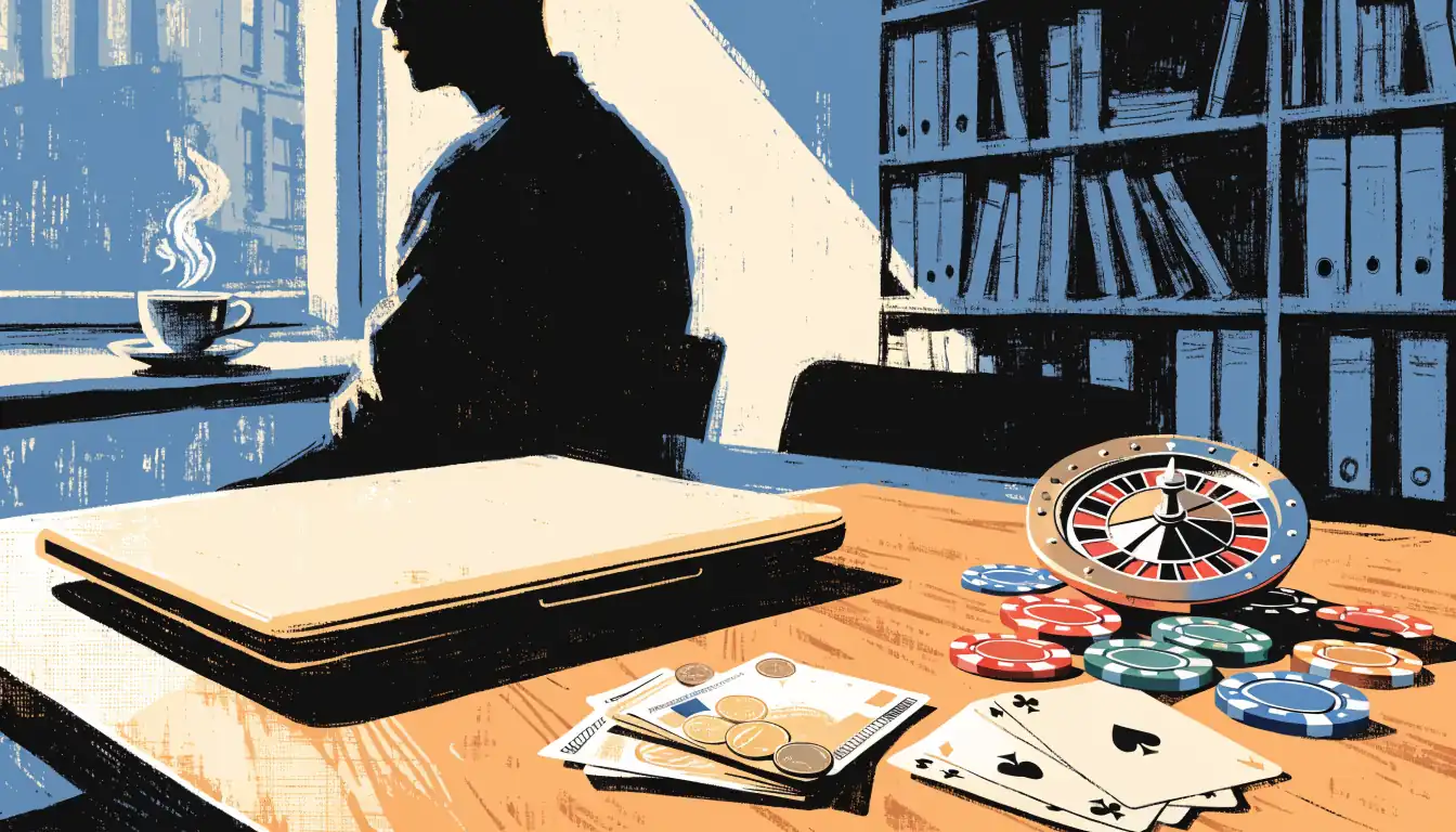 Holzschreibtisch mit Laptop, Euro-Banknoten, Spielkarten, Casino-Chips und Roulette-Rad im warmen Licht.