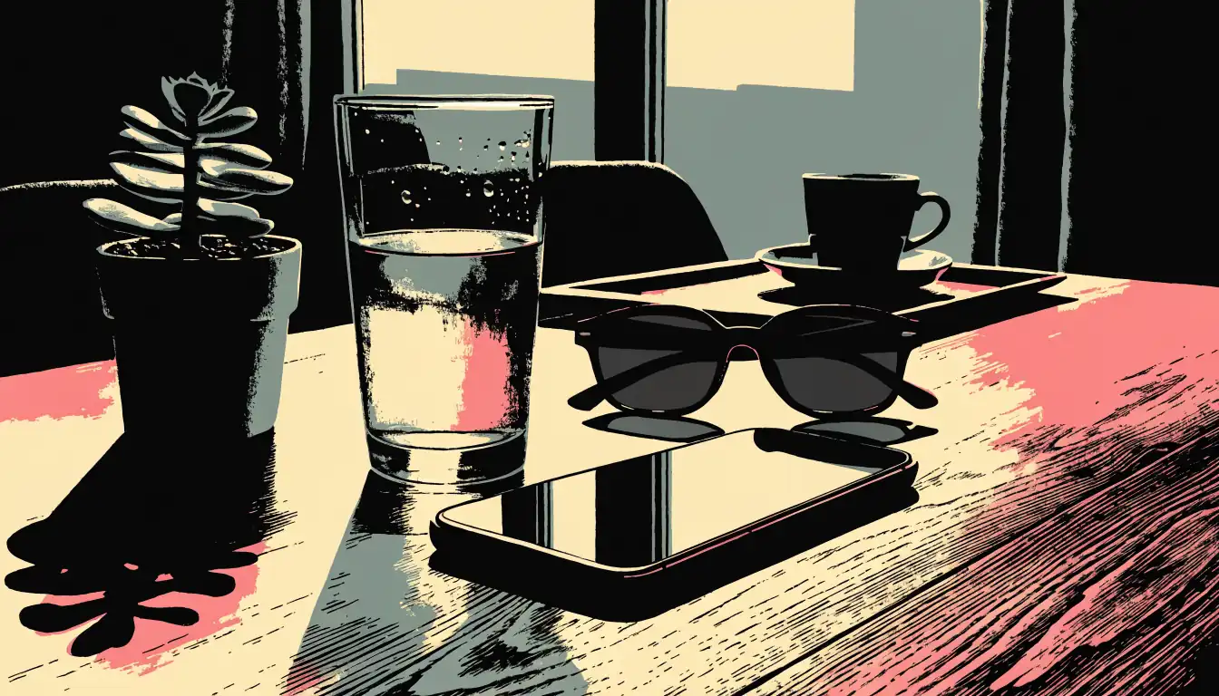 Smartphone auf Holztisch in moderner deutscher Wohnung mit Sonnenbrille und Kaffeetasse.