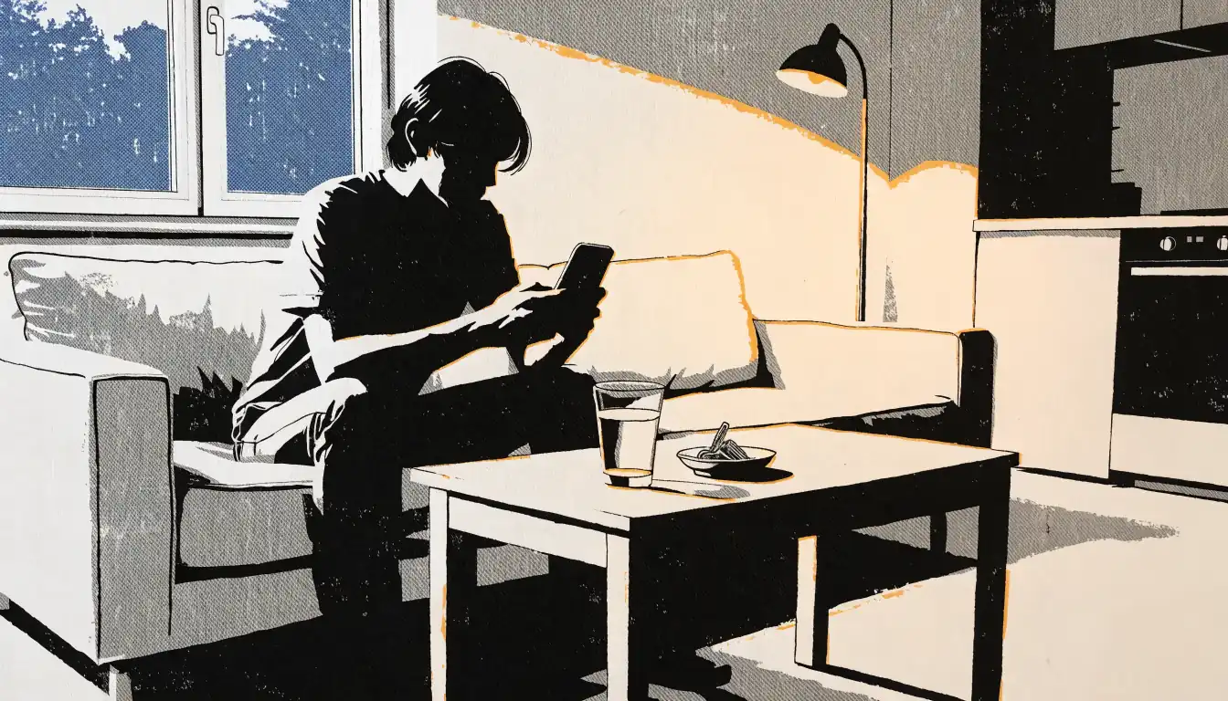 Person mit Smartphone auf dem Sofa in moderner Wohnung abends