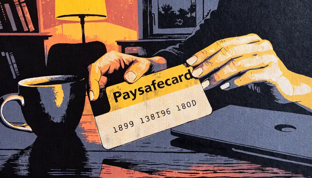 Hände halten einen Paysafecard-Gutschein mit PIN-Code auf einem Tisch neben einem Laptop.