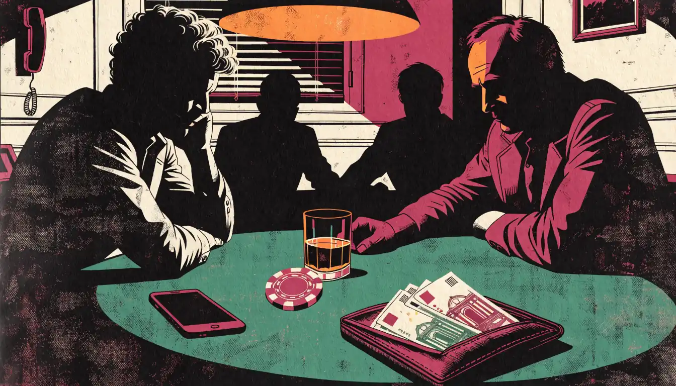 Großer Casino-Jeton auf einem Pokertisch neben einem Smartphone mit verdecktem Bildschirm.
