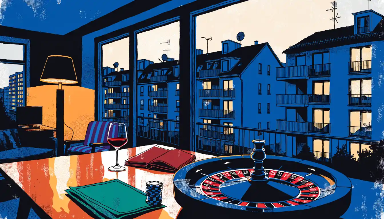Abendlicher Ausblick aus einem deutschen Wohnzimmer auf Roulette und Spielchips auf einem Holztisch.