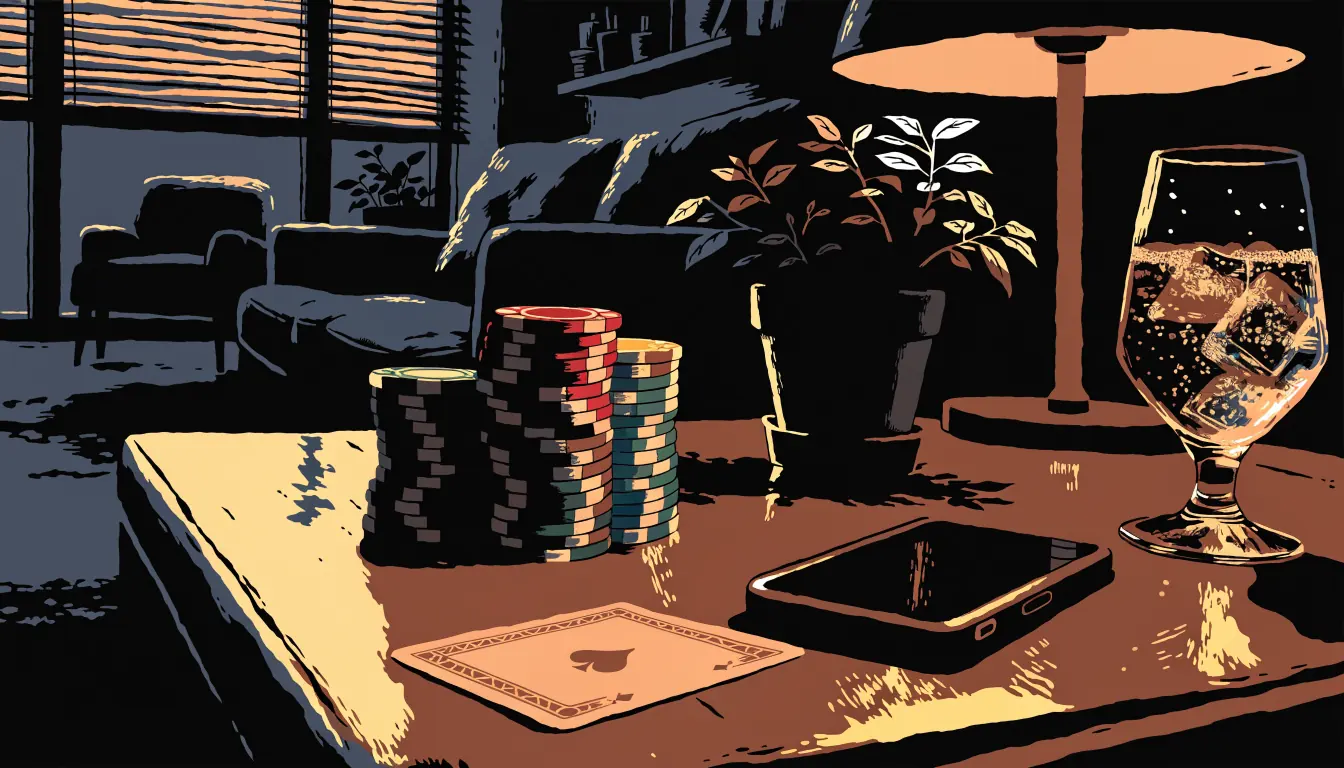 Abendliche Szene im deutschen Wohnzimmer mit Spielchips und Smartphone auf dem Tisch.