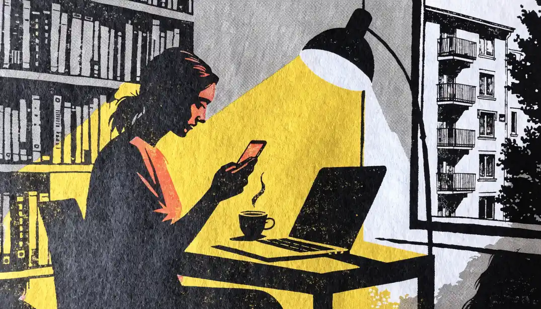 Person mit Smartphone und Laptop zu Hause in Deutschland
