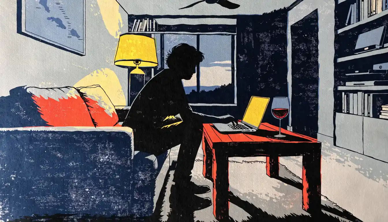 Modernes Wohnzimmer in Deutschland mit Laptop auf dem Tisch und Kartenbild an der Wand.