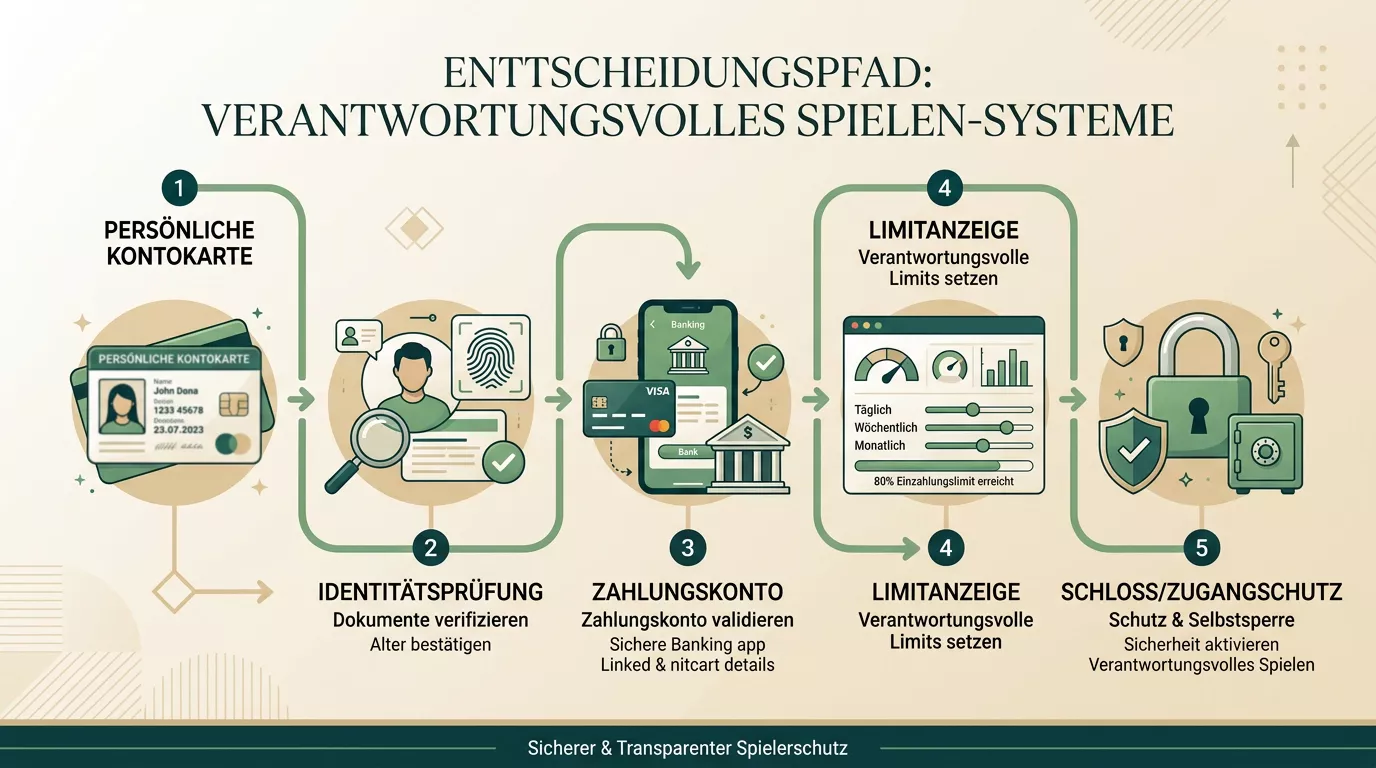 Schutzsysteme mit Konto, Identitätsprüfung, Limit und Schloss als geordnete Prüfpunkte